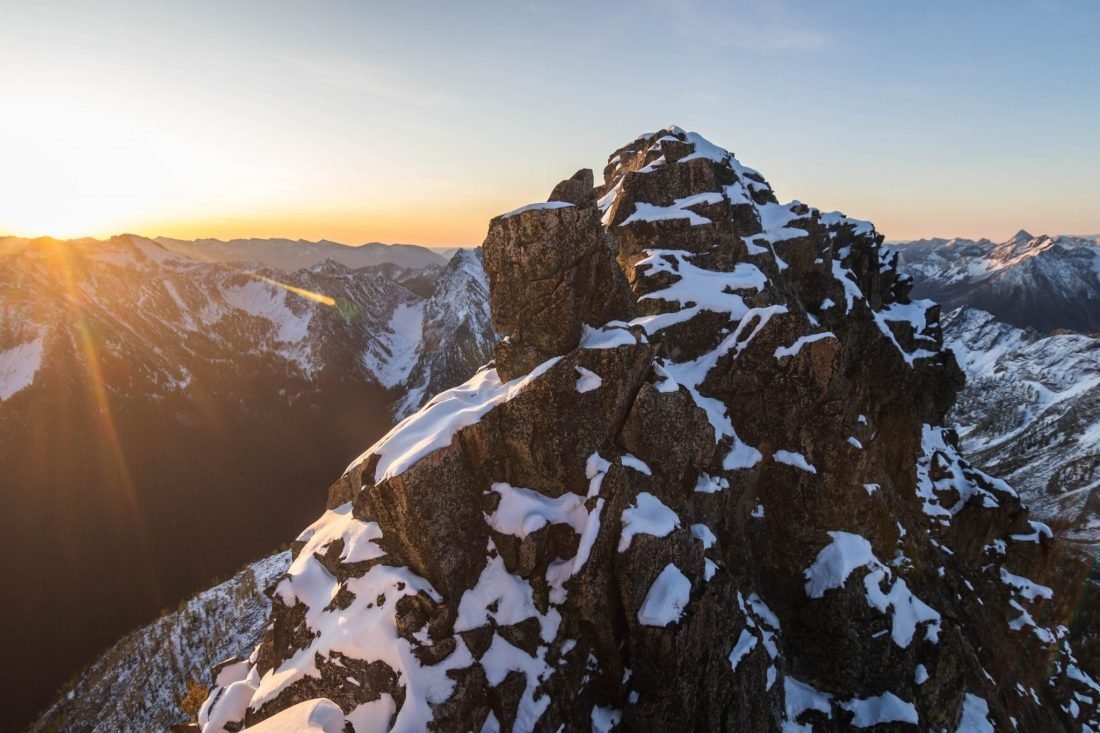 Early morning alpenglow on Mt Fury and the Fury Glacier from high